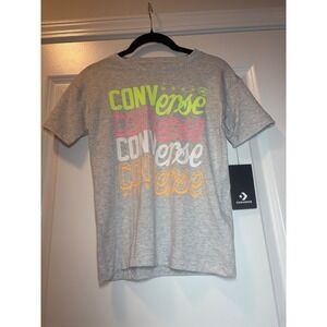 Converse NWT Kids Gray Multi Color Stacked Logo Graphic T-Shirt Size S 8-10